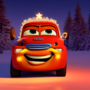 Mater from Cars movie decorated with large blinking Christmas lights installed on the hood of the vehicle. realistic photo of, award winning photograph, 50mm, by Thomas Kinkade, warm color palette