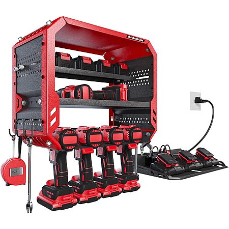 3-Tier Spampur Wall-Mount Power Tool Organizer w/ Charging Station (Red)