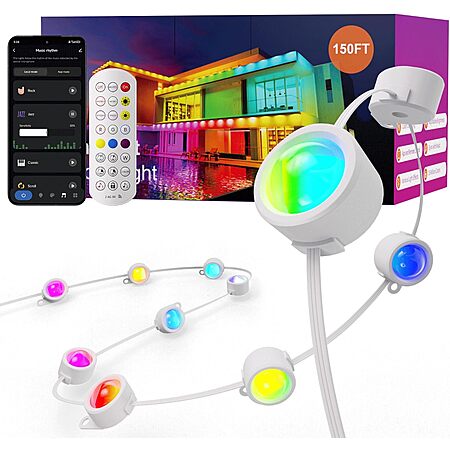 Fitop RGB Smart Permanent Outdoor String Lights: 150" $28, 100'