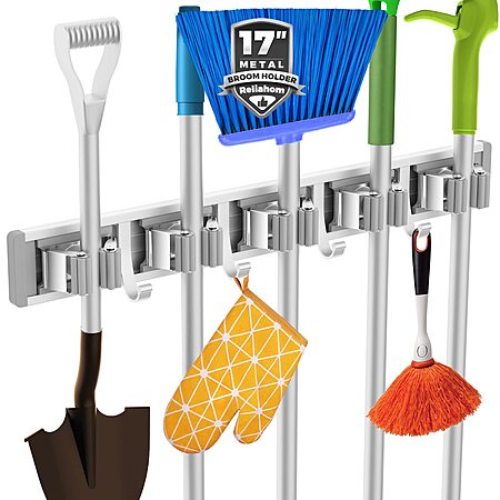 Reliahom Wall-Mount Broom & Mop Holder w/ 5-Racks & 4-Hooks