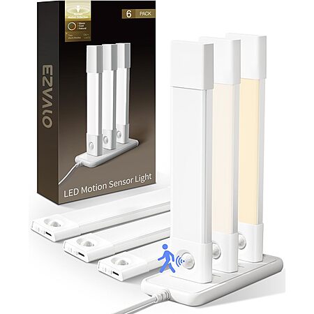 6-Pack EZVALO 7" Dimmable 3-Color Motion Sensor Lights w/ USB-C Charging Station