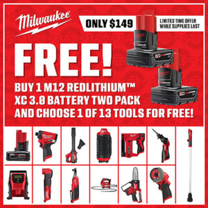 2-Pack 3.0 Ah Milwaukee M12 REDLITHIUM XC 3.0 Batteries + 1x Select Bare Tool
