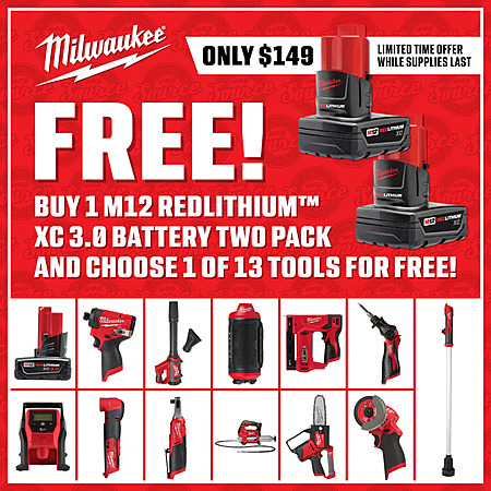 2-Pack 3.0 Ah Milwaukee M12 REDLITHIUM XC 3.0 Batteries + 1x Select Bare Tool
