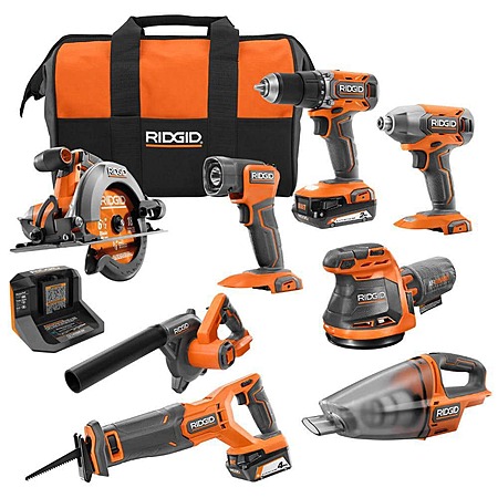 8-Tool Ridgid 18V Cordless Combo Tool Kit w/ Batteries/Charger & Tool Bag