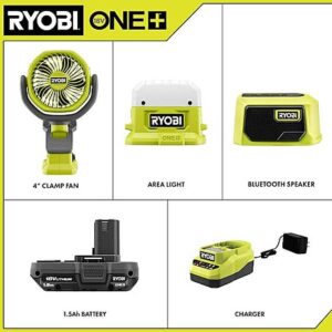 RYOBI ONE+ 18V Kit: Area Light, BT Speaker, Clamp Fan & 1.5Ah Battery
