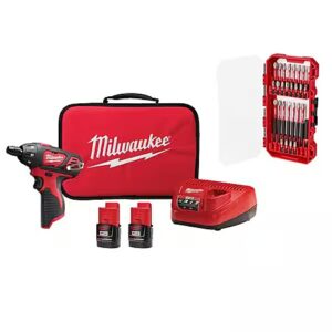 Milwaukee M12 12V 1/4" Hex Screwdriver Kit w/ 2x Batteries, Charger & Bit Set