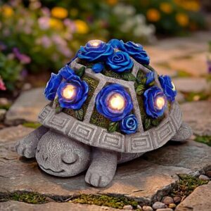 Prime: Solar Garden Outdoor Decor Turtle Statue w/ Dark Blue Roses & 7 LED Lights